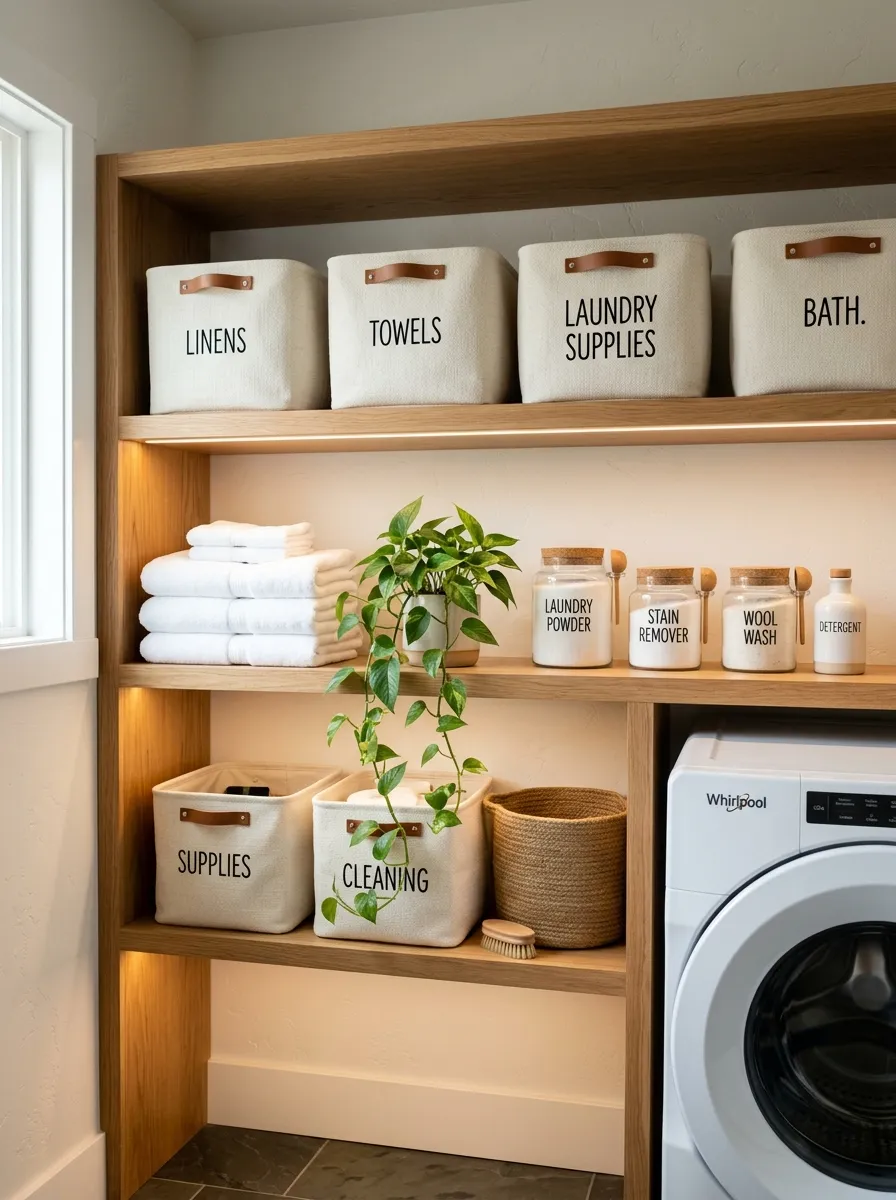 Open oak shelving in mudroom laundry room with cream fabric bins, glass laundry jars, stacked towels, and trailing pothos plant