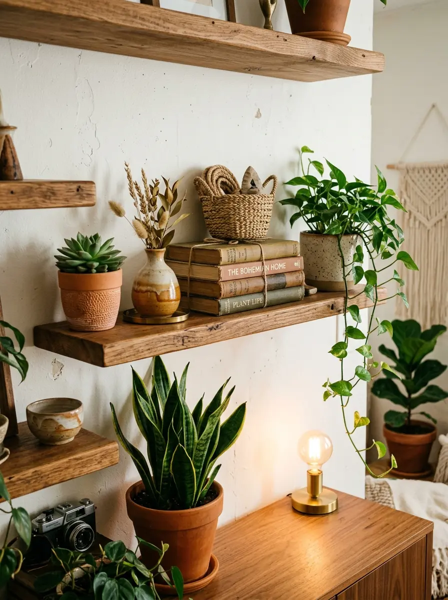 22 Boho Apartment Ideas That Turn Small Spaces Into Soulful, Cozy, and Stylish Sanctuaries 9 Floating open wooden shelves in a Boho apartment styled with succulents, books, ceramic vases, and a woven basket in warm ambient light.