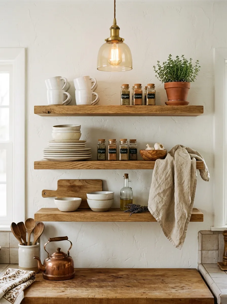 Open floating wooden shelves with white ceramic dishes, glass jars, and plants in a farmhouse kitchen charm setting