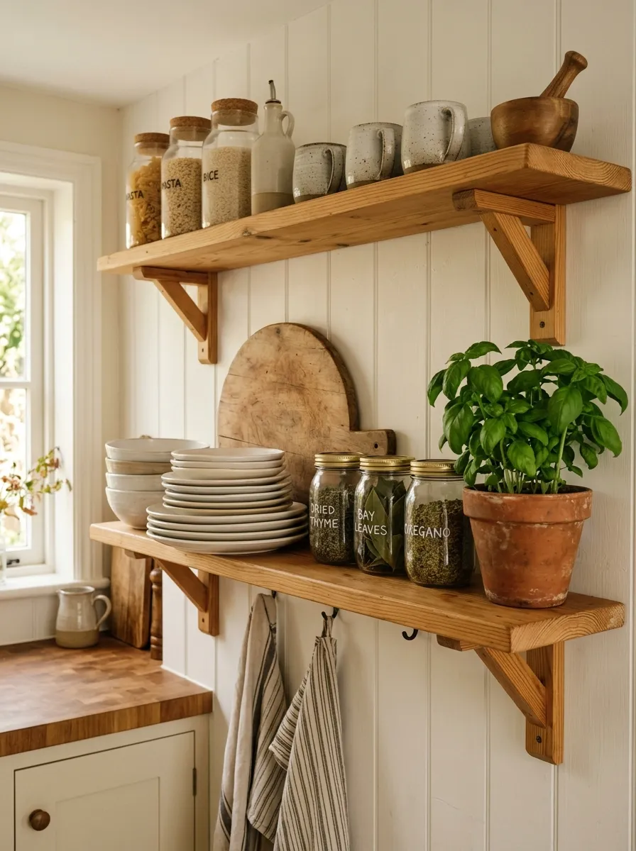 17 Farmhouse Cottage Kitchen Ideas to Master the New Timeless and Cozy Design Aesthetic 1 Open wooden shelves in a farmhouse cottage kitchen styled with ceramic dishes, glass jars, and fresh herb pots