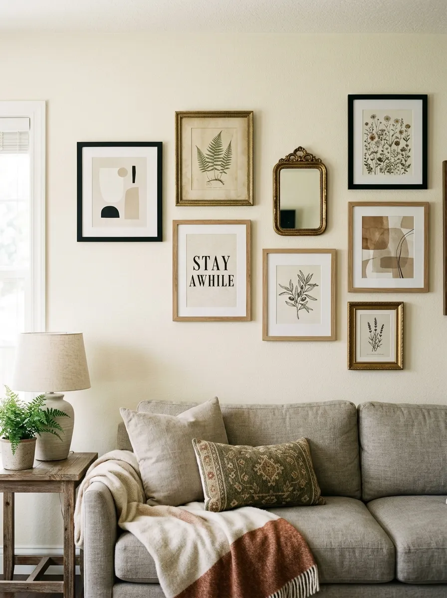21 Modern Farmhouse Living Room Ideas That Perfectly Balance Texture, Warmth, and Modern Style 11 A farmhouse living room gallery wall featuring an asymmetric organic arrangement of mixed natural wood, matte black, and aged gold frames with botanical prints.