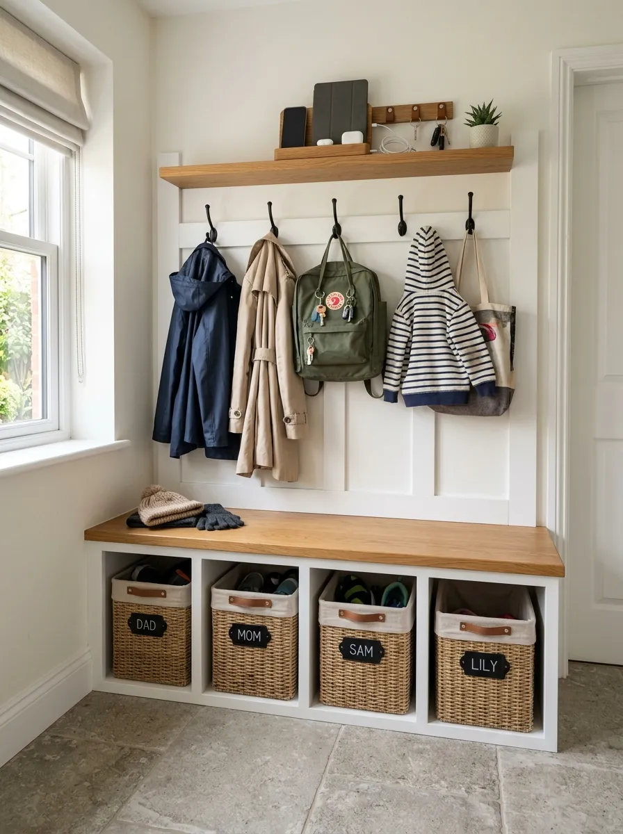 White mudroom drop zone with labeled cubby storage, matte black hooks, and built in charging shelf in warm morning light