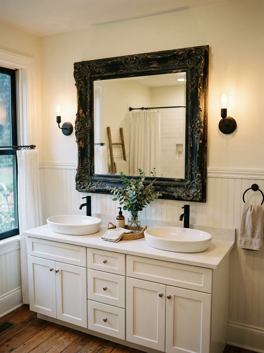 Large ornate vintage style black framed mirror above white shaker vanity in a rustic farmhouse bathroom with warm sconce lighting