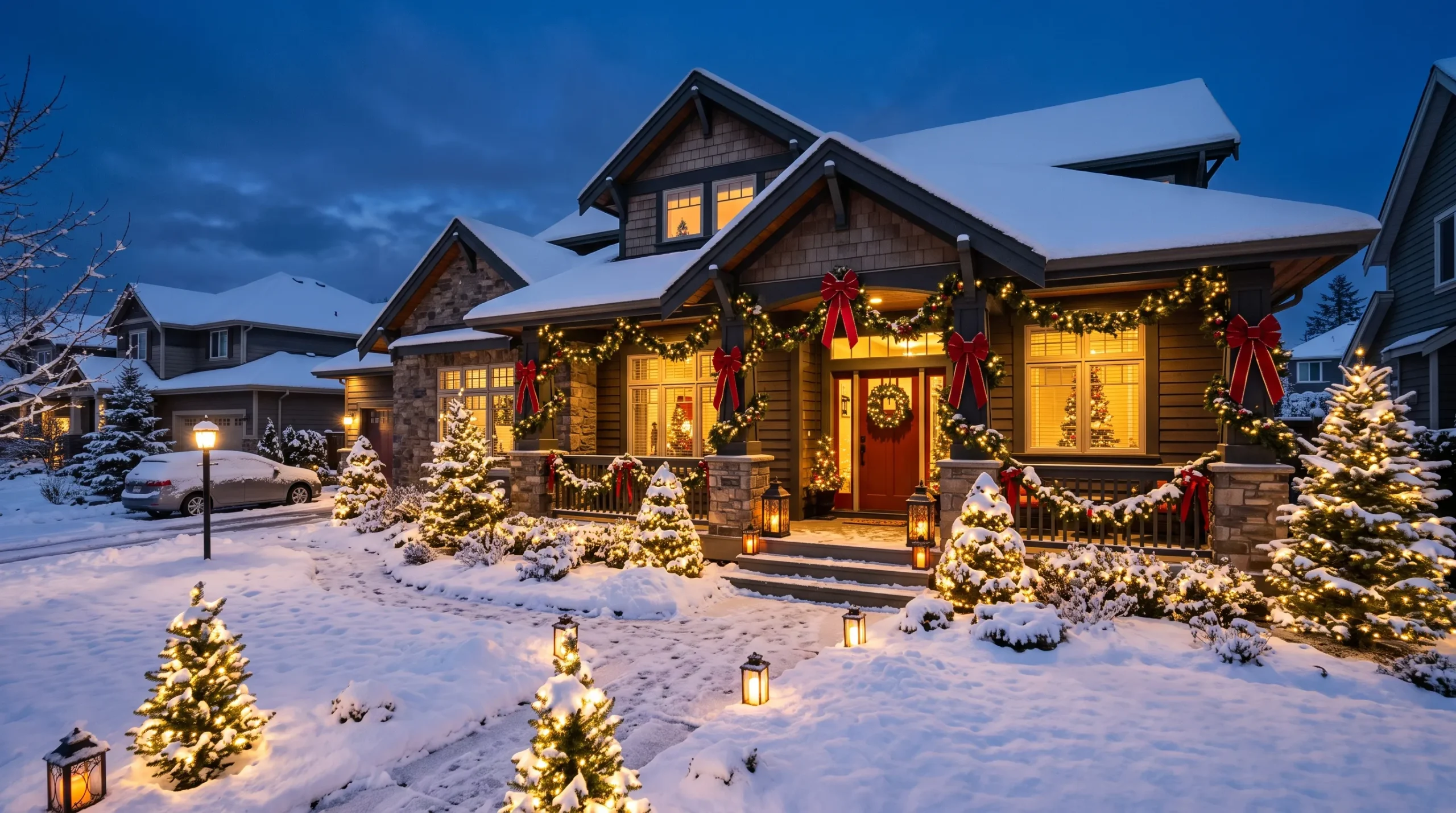 Stunning outdoor Christmas decoration ideas with warm lights, garland, and bows on a craftsman home at dusk