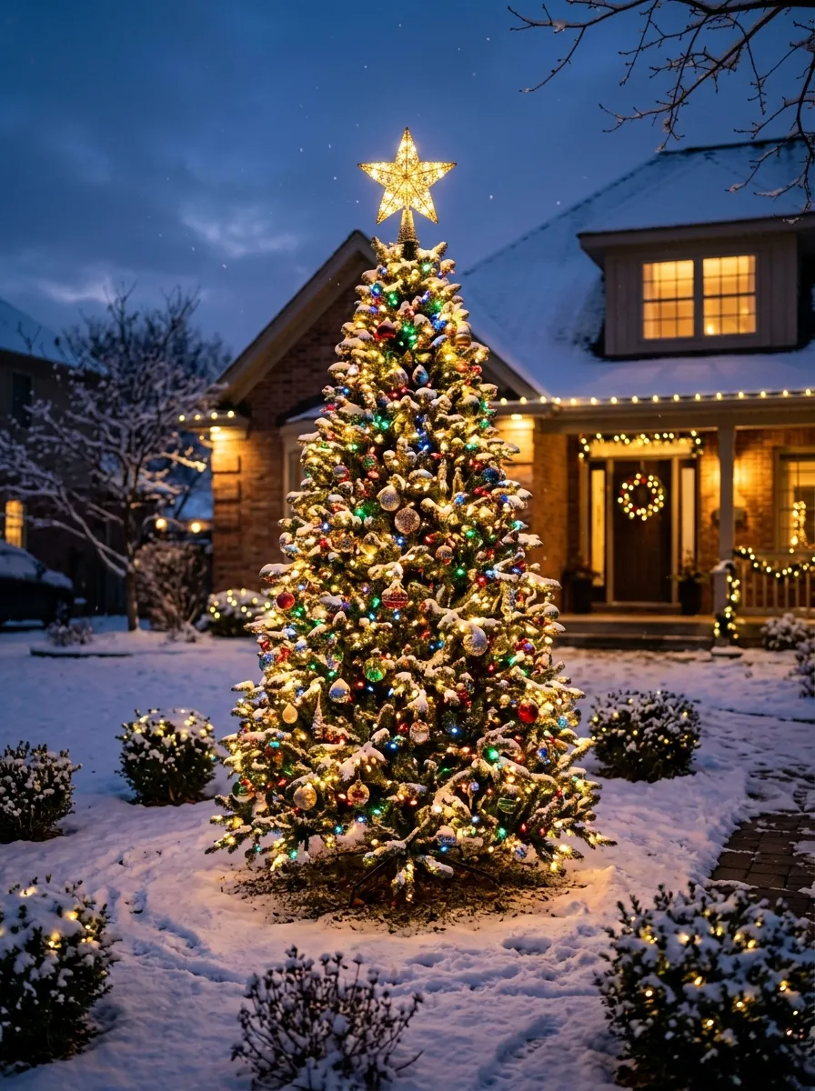 Tall outdoor Christmas tree with glowing star topper wrapped in lights as front yard Christmas decor at night