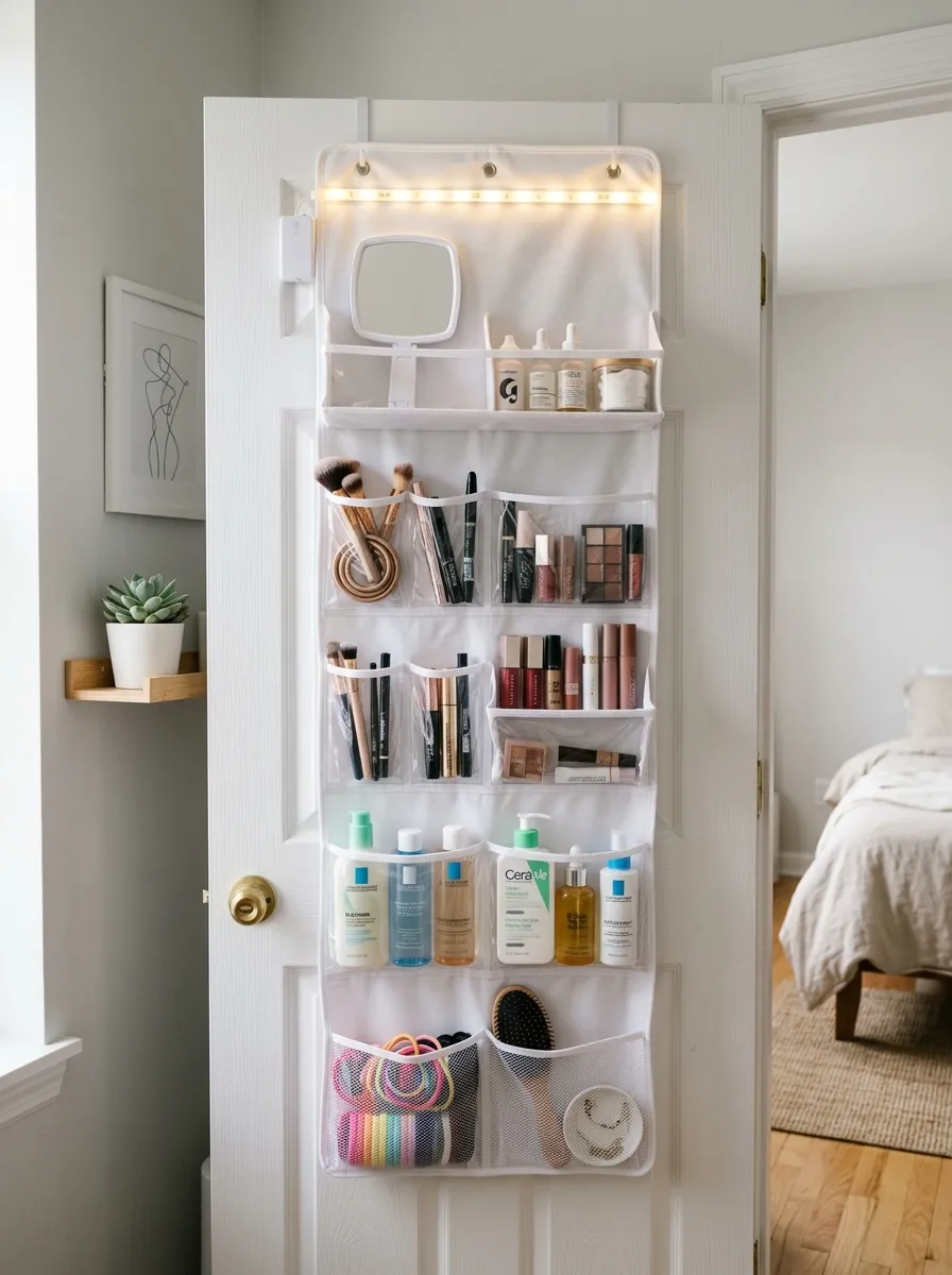 19 Small Bedroom Vanity Ideas to Create an Instagram Worthy Beauty Space With Style 17 Over the door vanity organizer with clear pockets and LED light strip on a white bedroom door