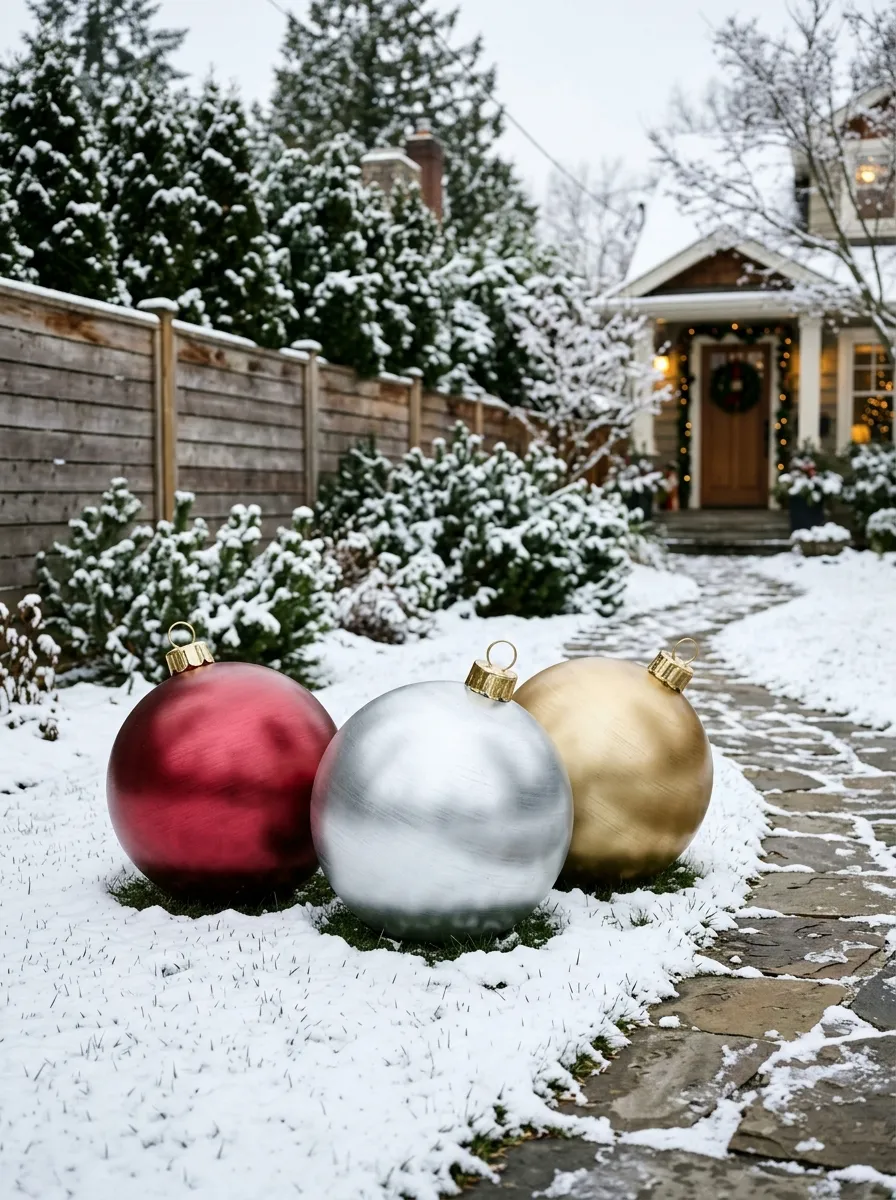 Three giant red silver and gold ornaments clustered on a snowy lawn as festive outdoor Christmas displays