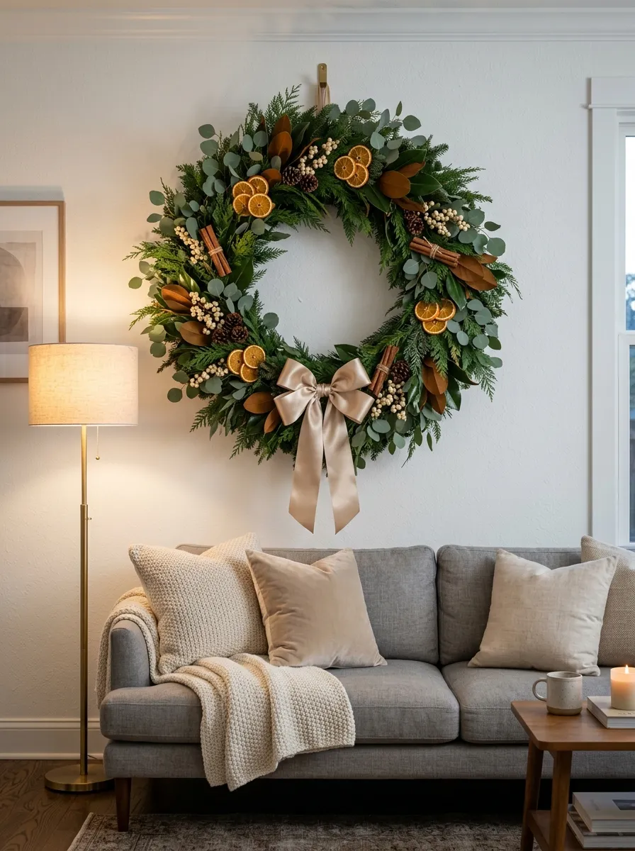 A large cedar and eucalyptus Christmas wreath with dried oranges and satin bow hanging above a sofa as festive living room ideas wall decor
