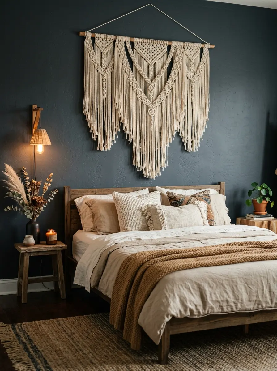 20 Dark Boho Bedroom Ideas That Embrace Moody Colors, Cozy Textures, and Relaxing Nighttime Style 5 A slate gray dark Boho bedroom with a large macramé wall hanging above the bed, cream linen bedding, and warm sconce light