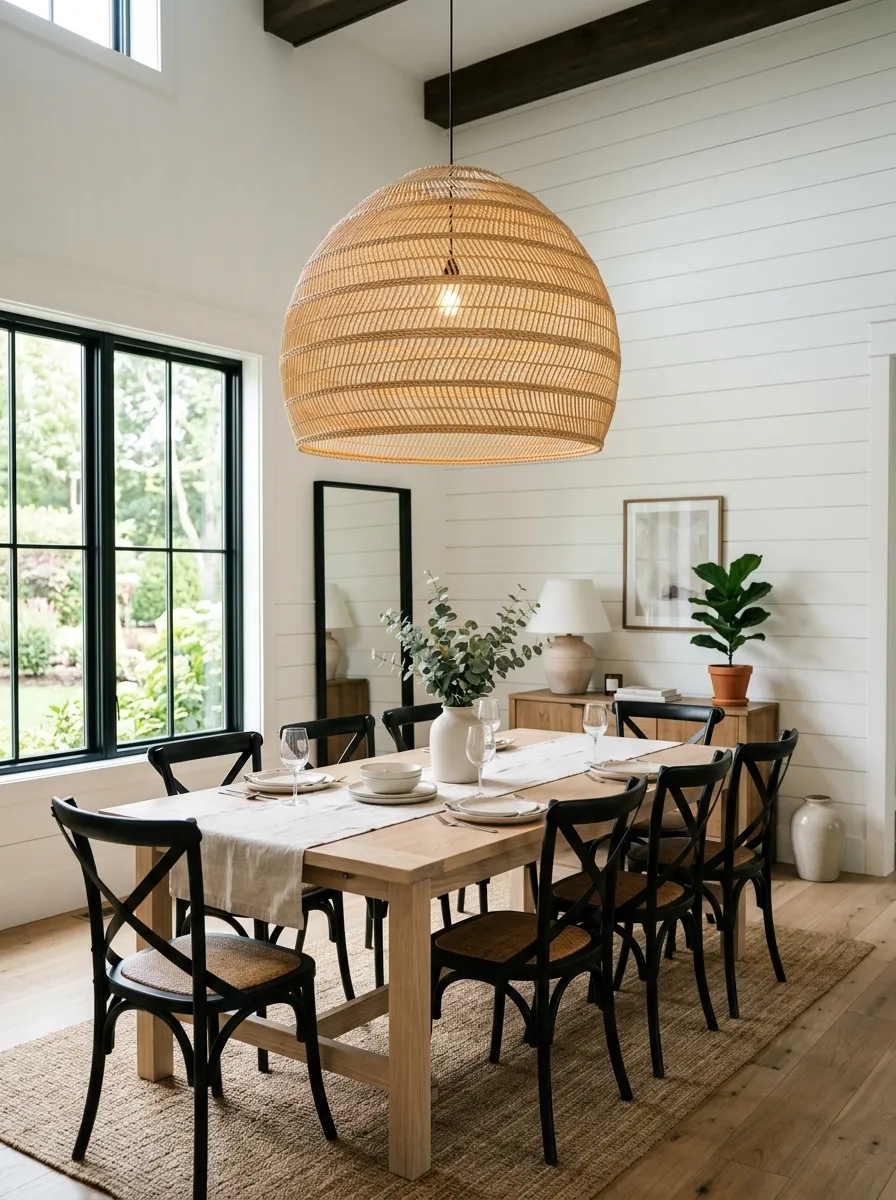 Modern farmhouse dining room with oversized woven rattan pendant light above light ash table and black cross back chairs on white shiplap