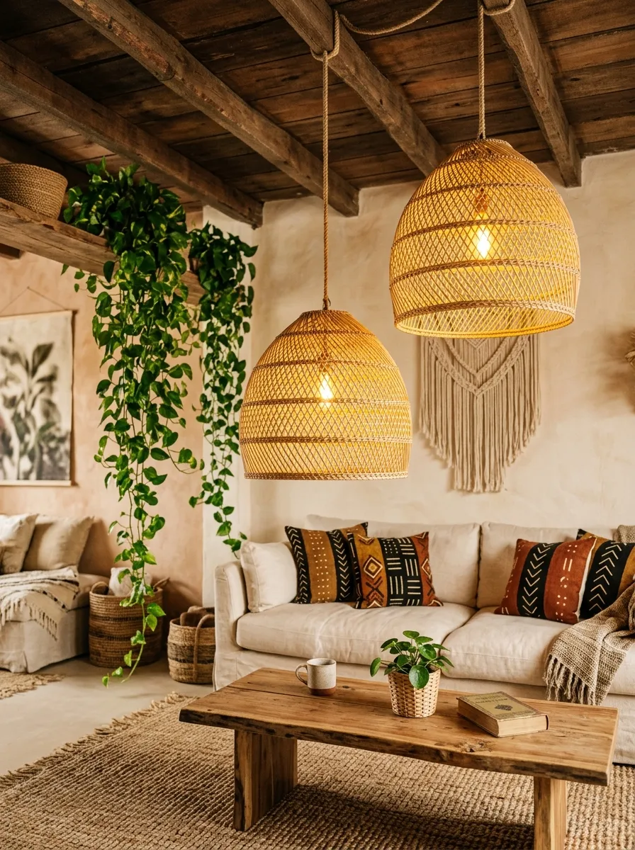 23 Afro Boho Living Room Ideas That Feel Warm, Authentic, Stylish, and Truly Lived In 8 Two woven rattan pendant lights hanging over a linen sofa and jute rug in an Afro Boho Living Room