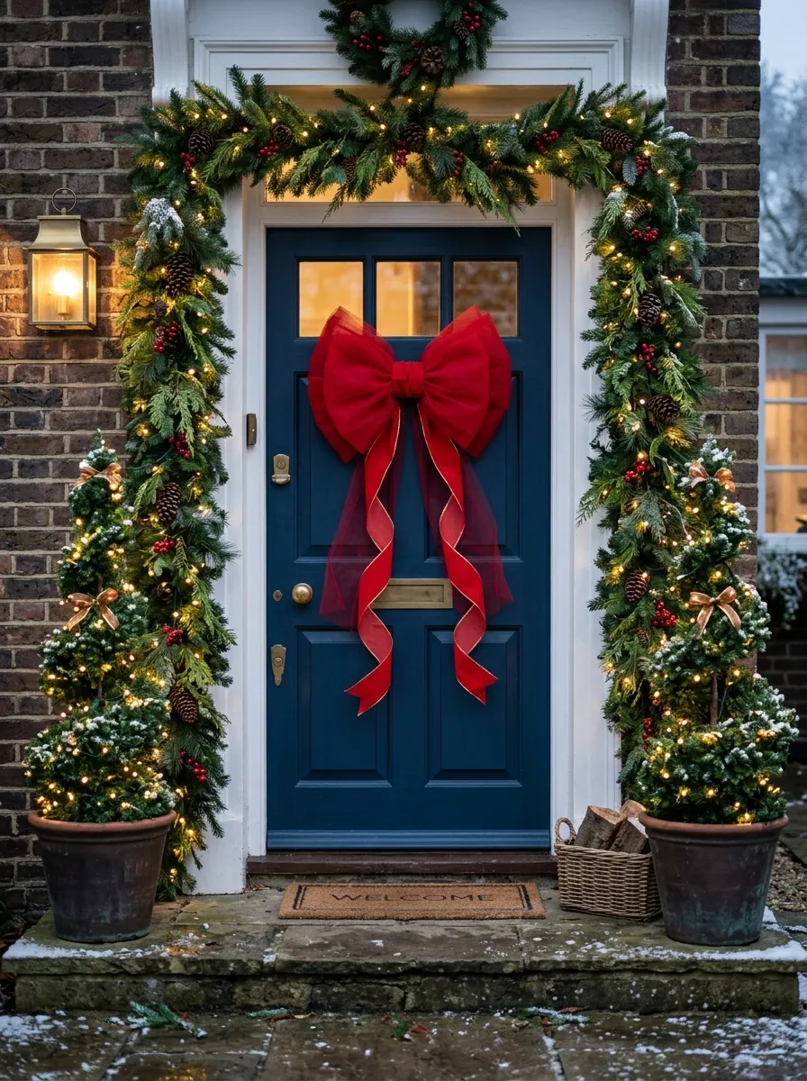 Oversized red tulle bow on a navy front door with garland arch as front yard Christmas decor