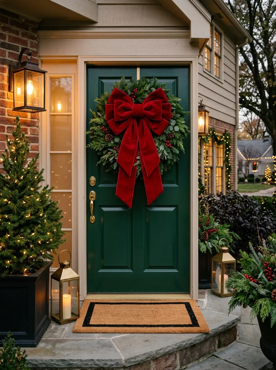 21 Christmas Wreath Ideas That Make Your Front Door the Most Beautiful on the Street 20 A bold oversized red velvet bow statement Christmas wreath with minimal greens on a hunter green front door