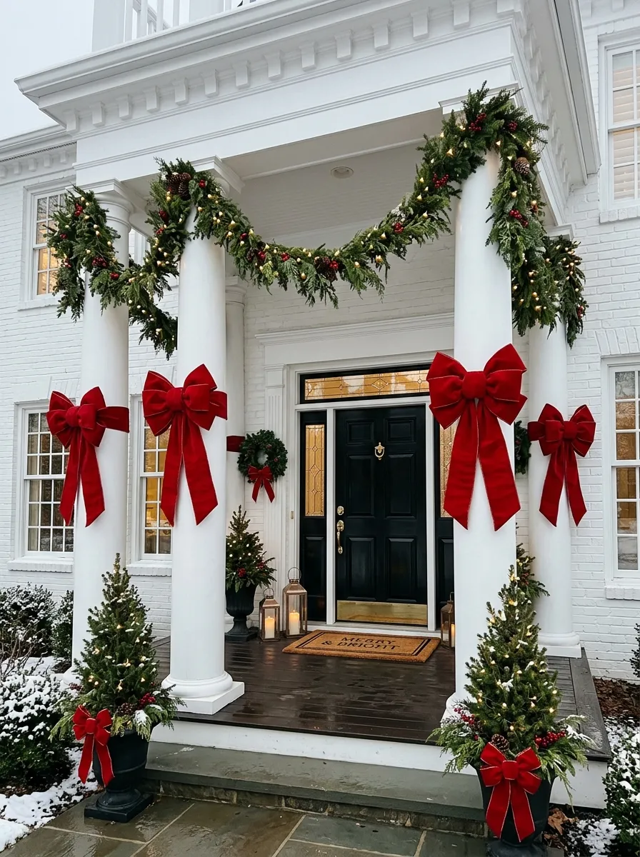 White porch columns decorated with large red velvet bows and evergreen garland as bold Christmas porch decoration