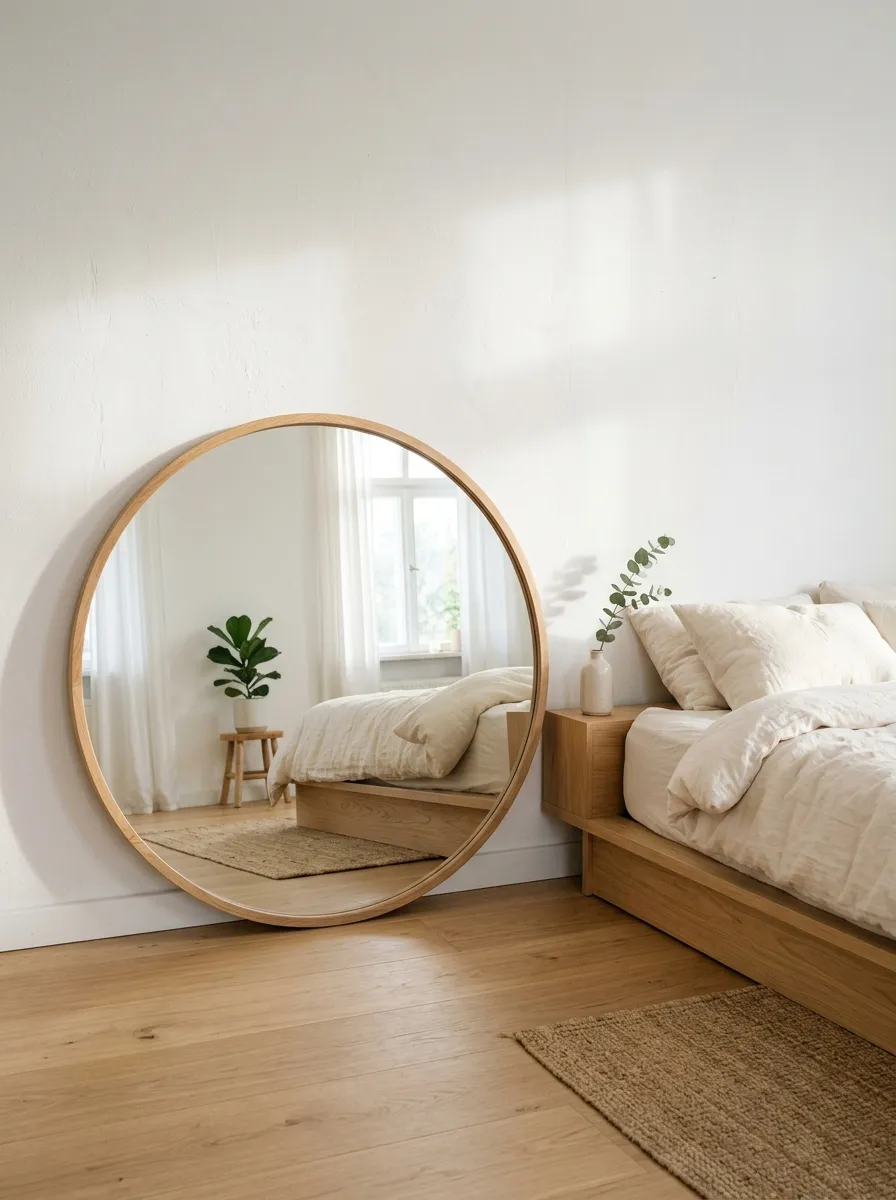 Large round oak framed mirror leaning against white wall in a bright modern minimalist bedroom