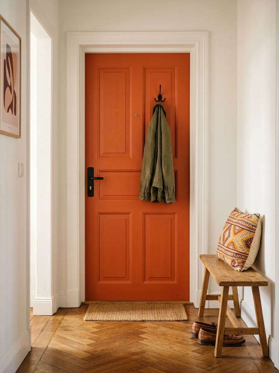 22 Colorful Apartment Decorating Ideas That Make Every Room Feel Bold, Stylish, and Cohesive 19 Terracotta orange interior door with white walls and a colorful woven bench cushion in a bright apartment