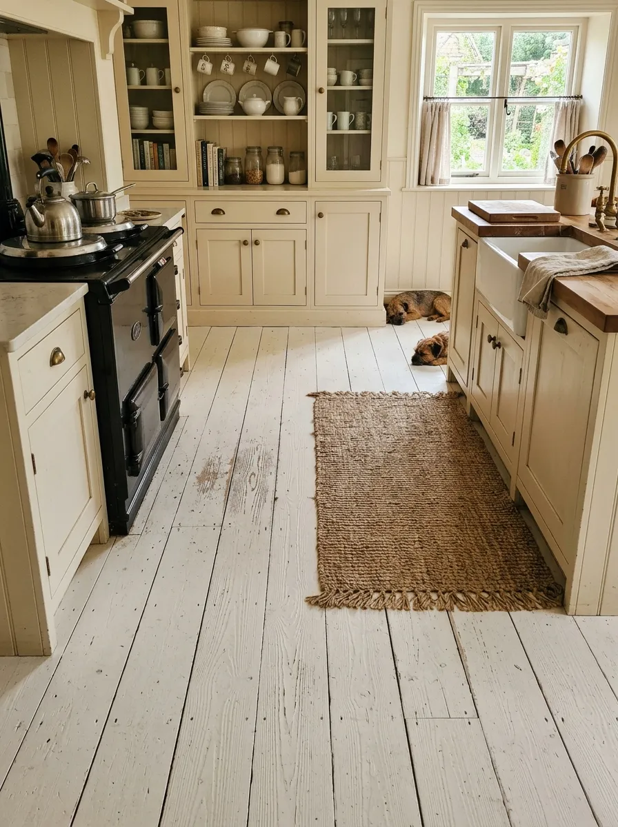 Painted white wood plank floors with natural grain texture and jute rug in front of sink in a cottage kitchen interior