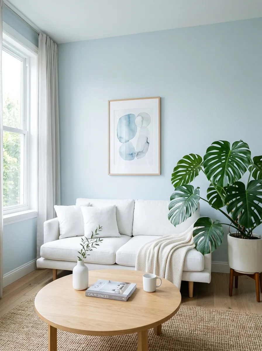 Pale ice blue walls in a minimalist living room with white sofa and single large tropical plant