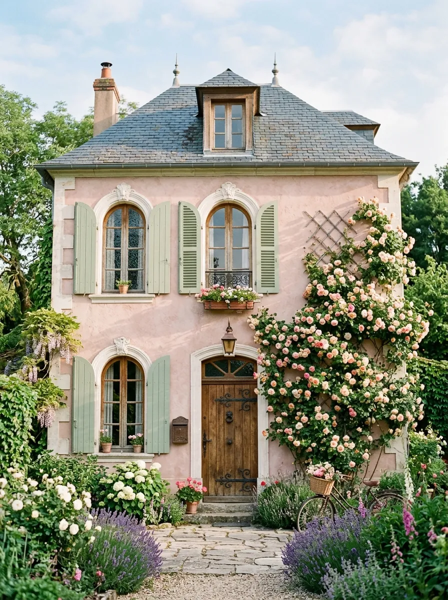 Pale dusty rose French cottage exterior with climbing roses and carved white trim, a romantic choice among house exterior color ideas for 2026