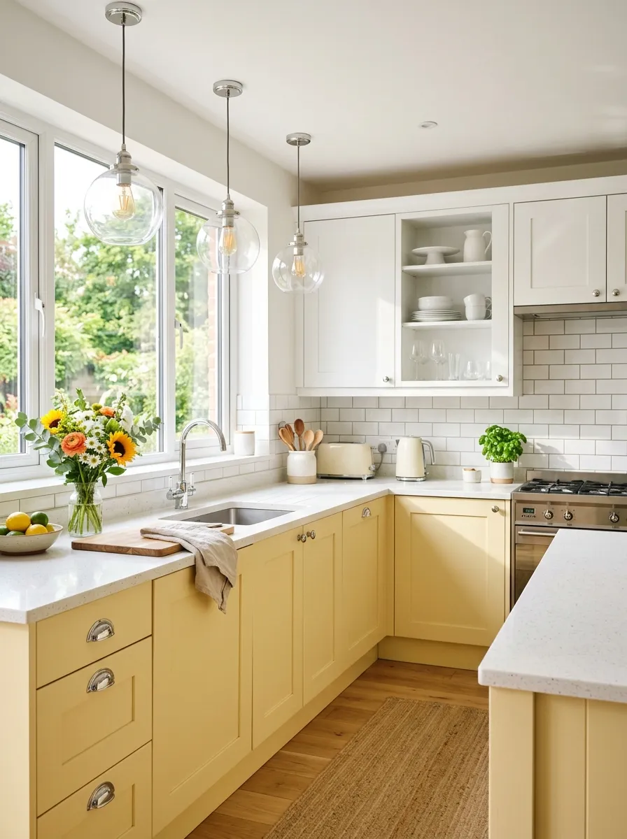 Pale butter yellow lower cabinets and bright white upper cabinets with chrome hardware in a cheerful sunny two tone kitchen cabinet kitchen