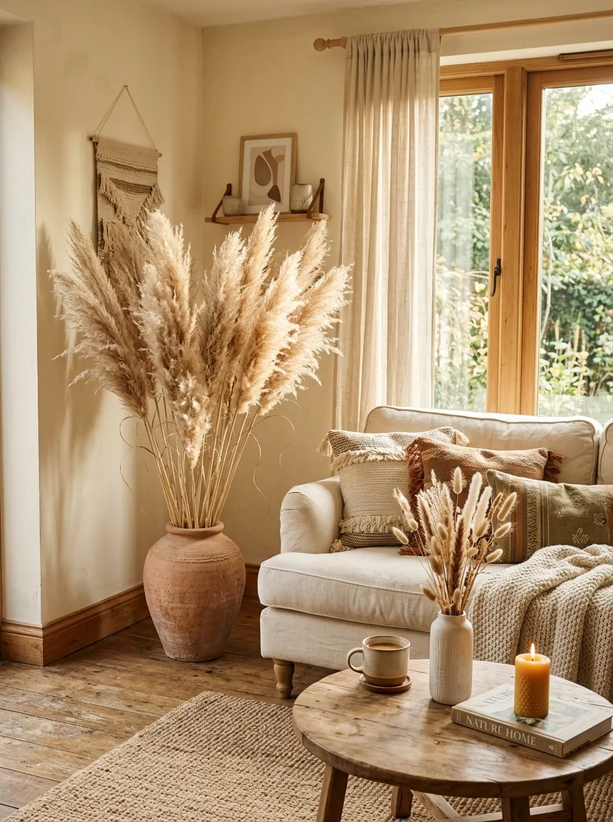 Airy Boho living room with tall dried pampas grass in terracotta pot, cream linen sofa, and warm afternoon light creating soft organic atmosphere