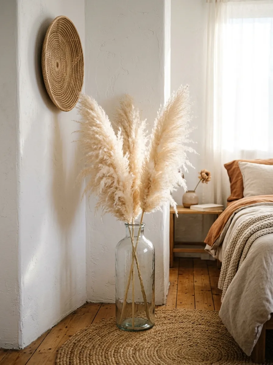 23 Curated Boho Bedroom Ideas for a Cozy, Inviting, and Effortlessly Stylish Retreat 5 Tall glass vase with cream pampas grass plumes in a Boho bedroom corner beside a jute rug and woven wall basket