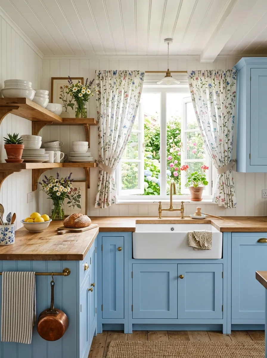 Pastel blue cottage kitchen with white beadboard ceiling, farmhouse sink, open shelves, and floral curtains in bright morning light