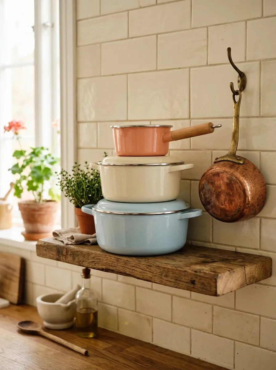 Pastel blue and cream enamel cookware stacked on wooden open shelf next to a hanging copper pan in a vintage kitchen