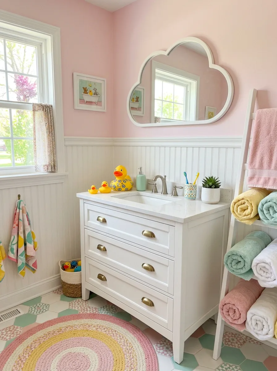 Pastel pink kids bathroom with beadboard walls, cloud mirror, and rubber duck accessories fun pink bathroom ideas