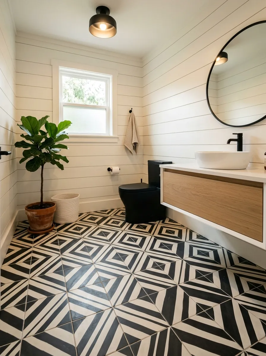 Bold black and white encaustic cement floor tile in a modern farmhouse bathroom with shiplap walls and matte black toilet