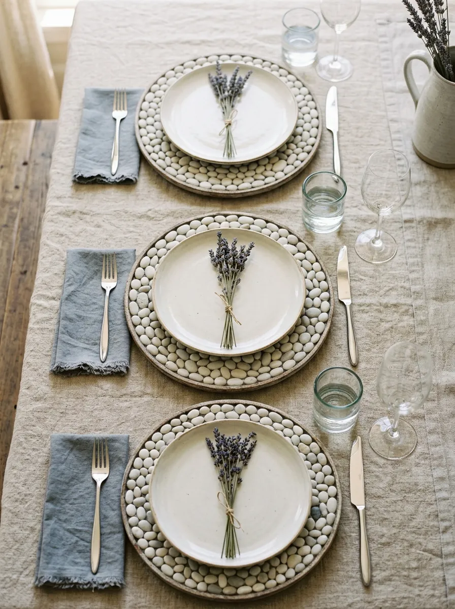 Mosaic pebble charger plates with dried lavender as a coastal artisan nature themed table setting for elegant dinners