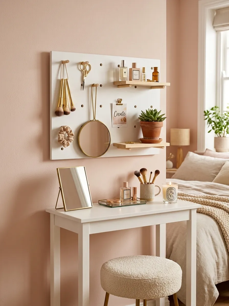 19 Small Bedroom Vanity Ideas to Create an Instagram Worthy Beauty Space With Style 4 Small bedroom vanity ideas with white pegboard wall organizer and slim table in a blush pink bedroom