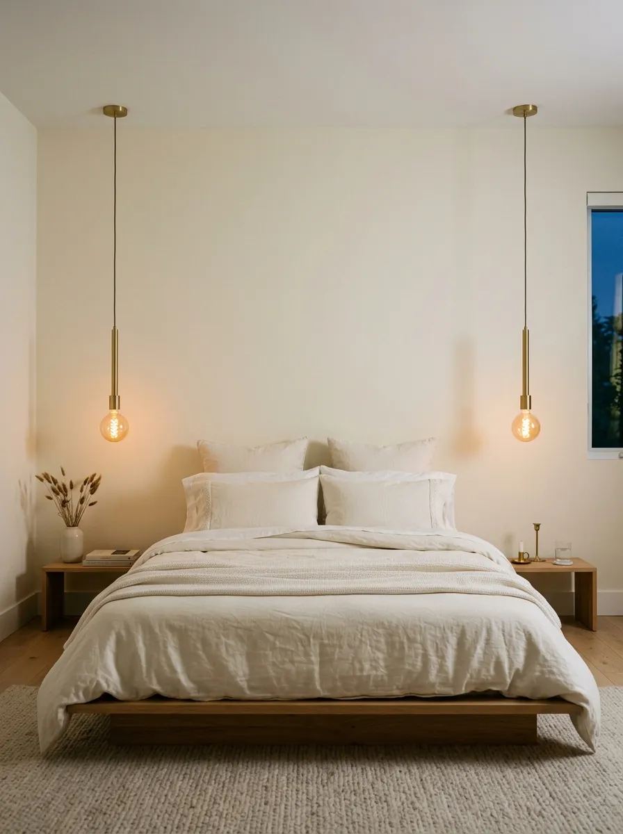 Brushed brass pendant lights hanging beside a low platform bed in a modern minimalist bedroom