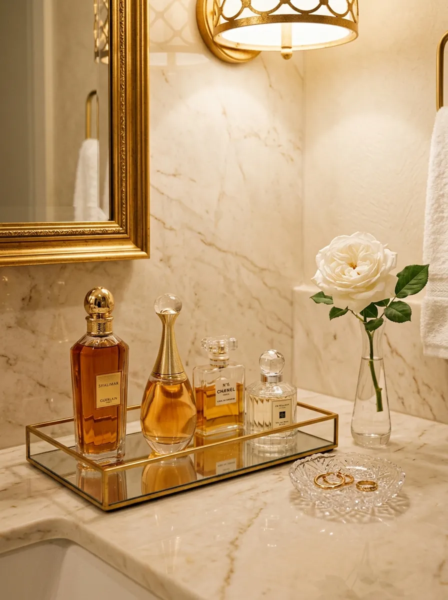 17 Bathroom Counter Styling Ideas for an Instant Aesthetic Glow Up That Looks Expensive 10 Bathroom countertop decor with mirrored tray, four perfume bottles, crystal dish, and white rose bud vase