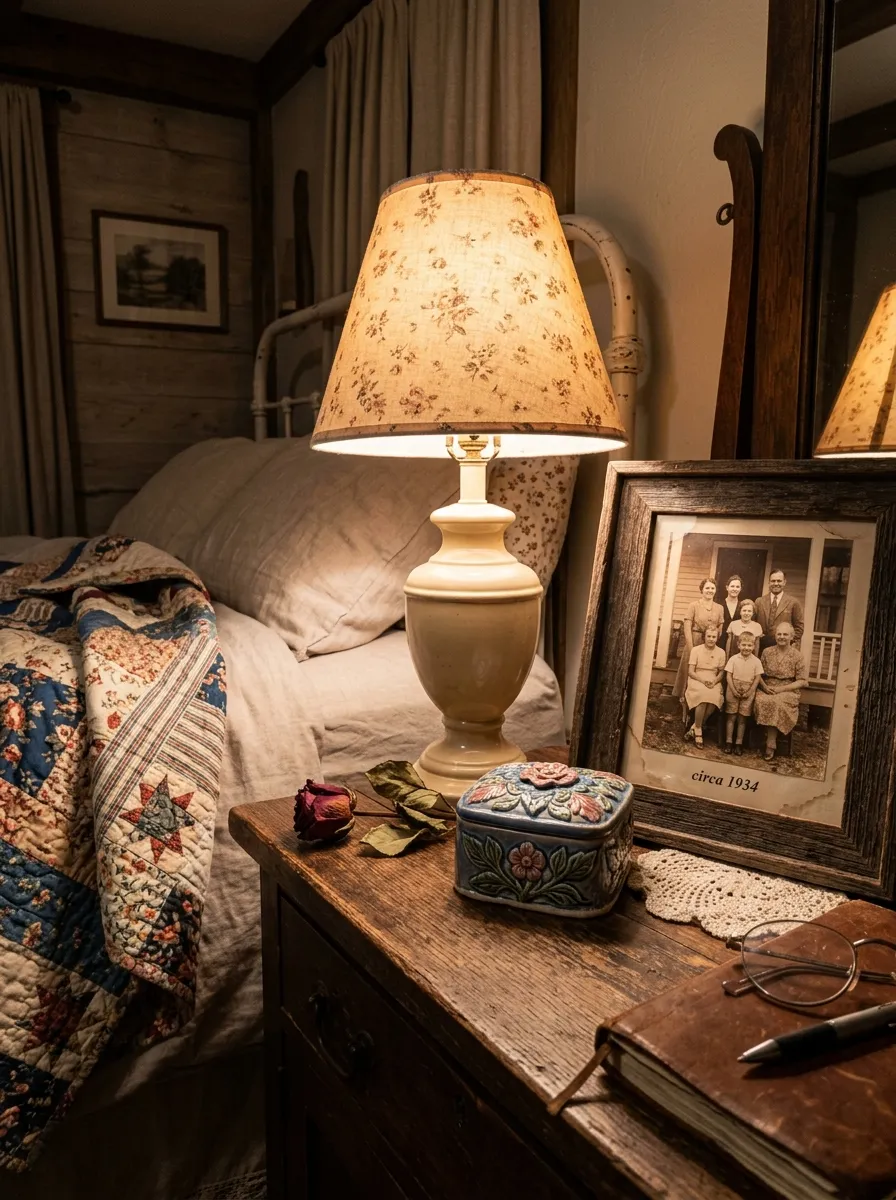 Farmhouse bedroom nightstand with a family photo frame, ceramic keepsake box, and handmade patchwork quilt in warm lamp light