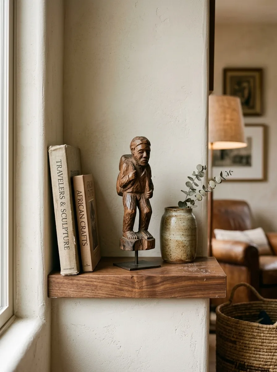 25 Luxury Living Room Ideas That Reveal the Design Details Most People Completely Overlook 25 Hand carved wooden figure and personal objects styled on a shelf inside a personalized luxury living room