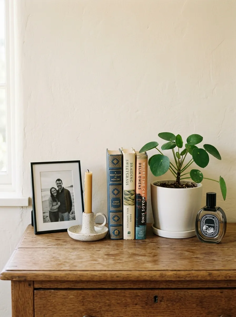 Curated personal objects and books styled on a dresser in a timeless bedroom decor ideas setting
