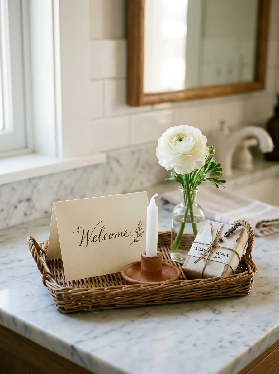 Wicker welcome tray with handwritten note card, bud vase, candle, and wrapped soap on marble guest bathroom counter
