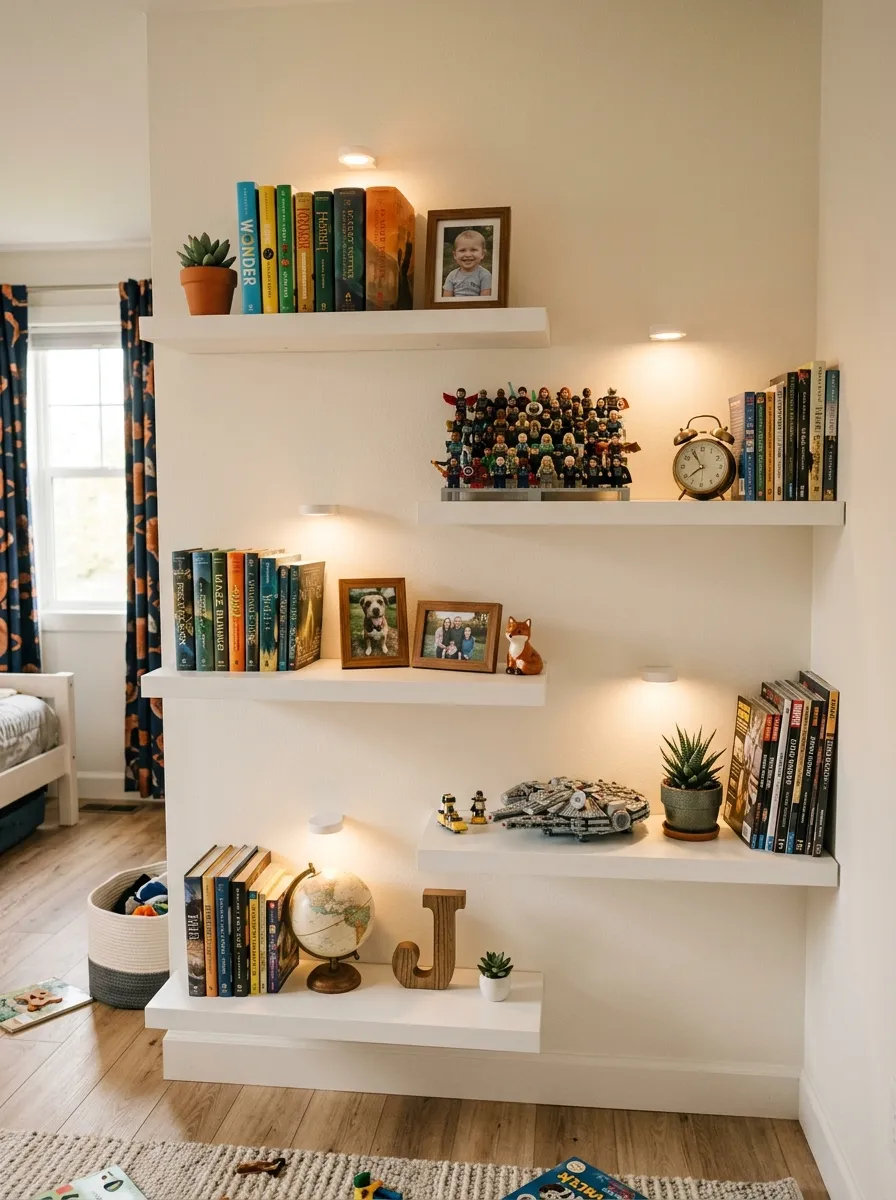 Cool kids room ideas featuring a personalized display wall with floating shelves, books, plants, and curated collectibles