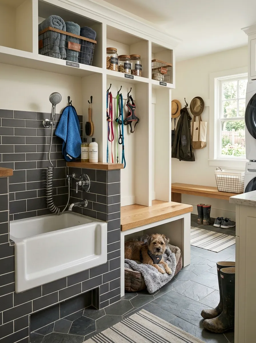 Pet friendly mudroom laundry room with built in dog wash basin, handheld sprayer, subway tile surround, and pet supply cubbies