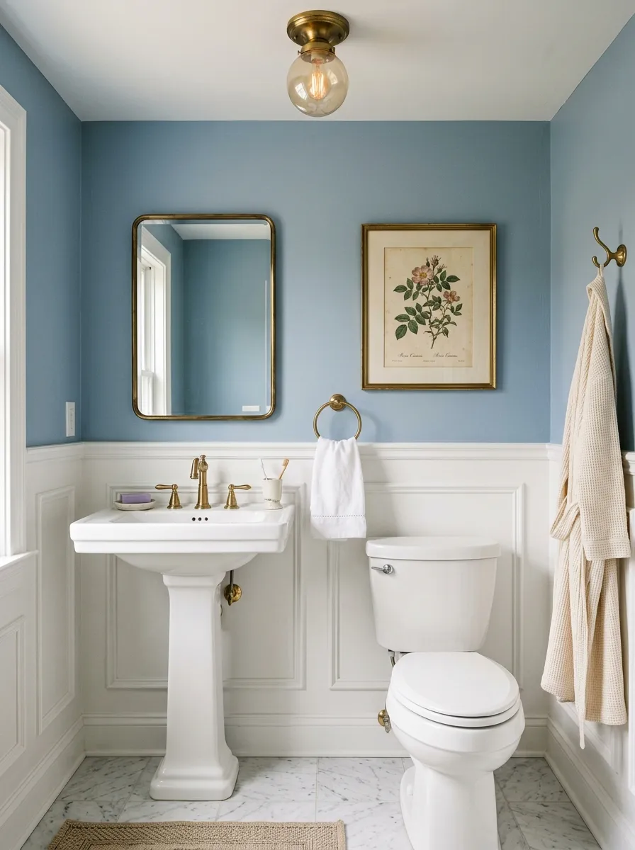 White picture frame wainscoting panels with dusty blue upper walls and brass fixtures in a charming traditional guest bathroom