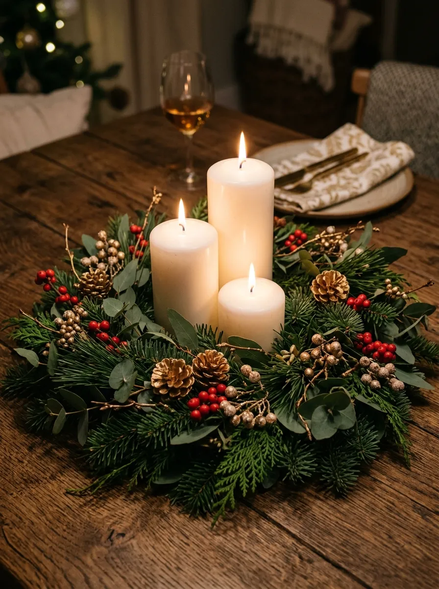 Three white pillar candles nestled in a pine wreath as elegant holiday table centerpieces