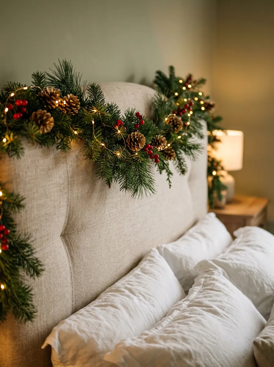 21 Christmas Bedroom Ideas That Make Your Space Feel Magical, Cozy, and Full of Holiday Charm 6 A linen headboard decorated with a pine garland, pinecones, and fairy lights for a cozy festive Christmas bedroom look.