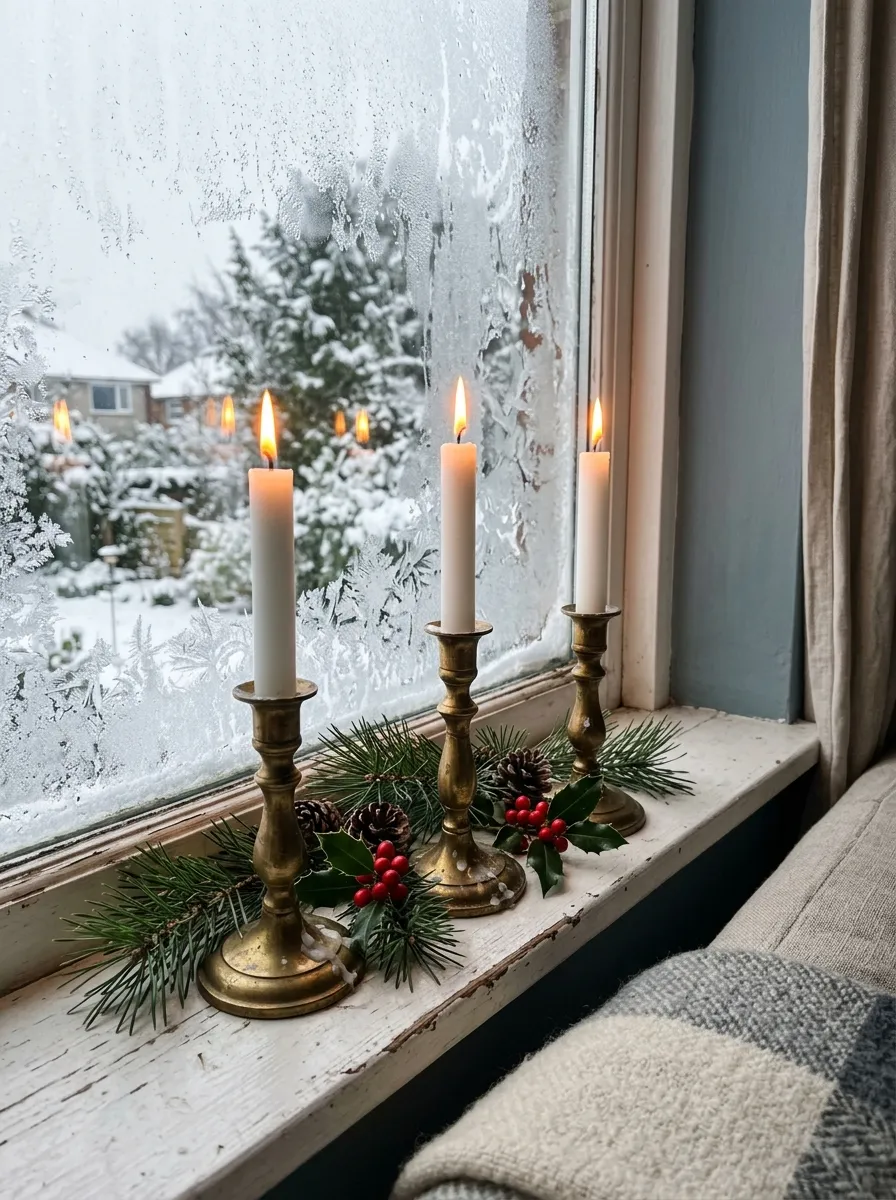 21 Christmas Bedroom Ideas That Make Your Space Feel Magical, Cozy, and Full of Holiday Charm 14 A bedroom windowsill decorated with white taper candles and pine sprigs in brass holders for a cozy Christmas room decoration.