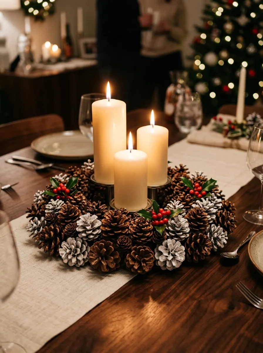Natural pinecone wreath ring with pillar candles and red berries as rustic and stunning festive DIY centerpieces