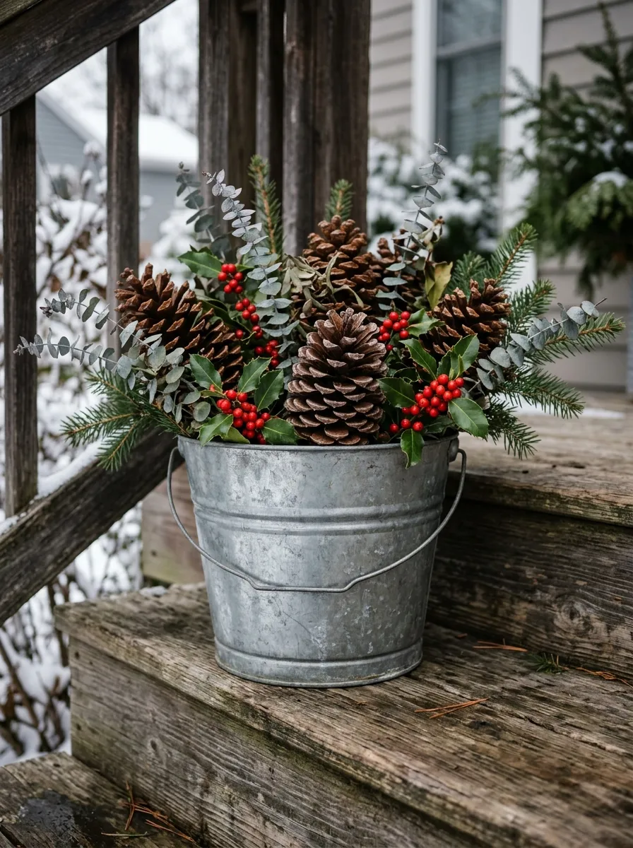 19 Winter Porch Decorating Ideas That Instantly Boost Cozy Curb Appeal All Season Long 8 Galvanized metal bucket with pinecones, holly berries, and eucalyptus as charming winter front porch decor