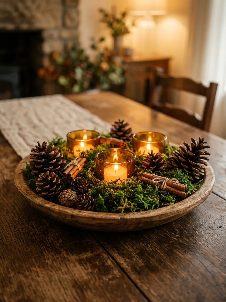 Wooden bowl with pinecones and preserved moss as a nature themed table setting centerpiece for cozy gatherings