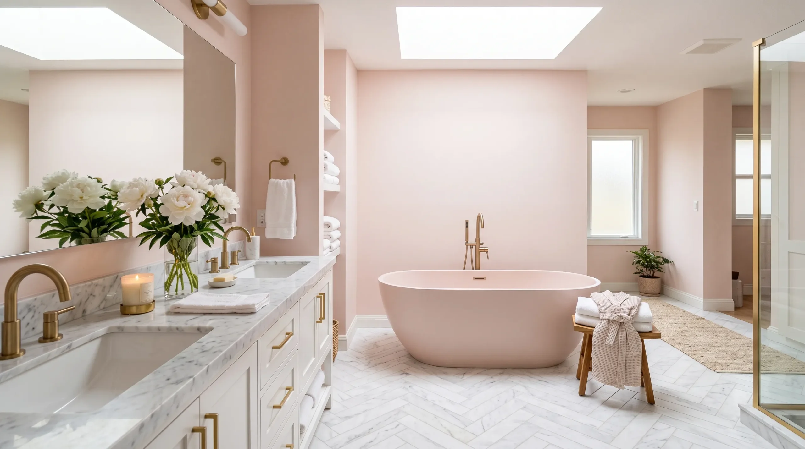 Soft blush pink bathroom with marble countertops, gold fixtures, and freestanding tub pink bathroom inspiration