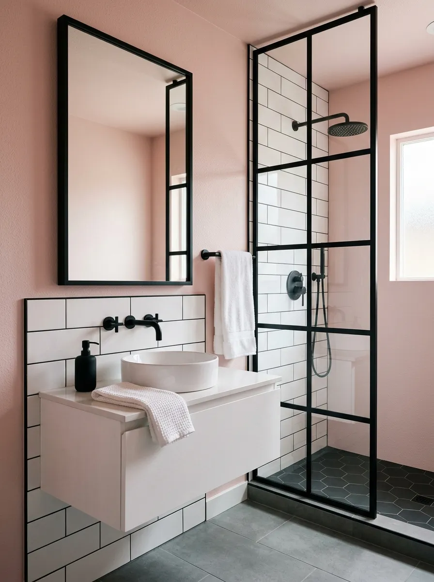 Modern blush pink bathroom with matte black fixtures, black framed mirror, and white subway tile pink bathroom design