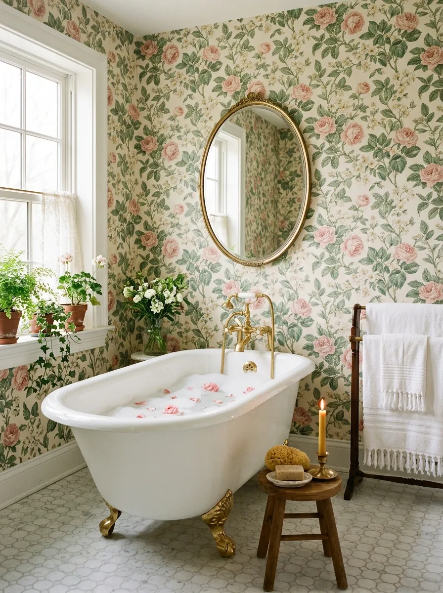Romantic pink floral wallpaper bathroom with clawfoot tub, brass fixtures, and botanical prints pink bathroom decor